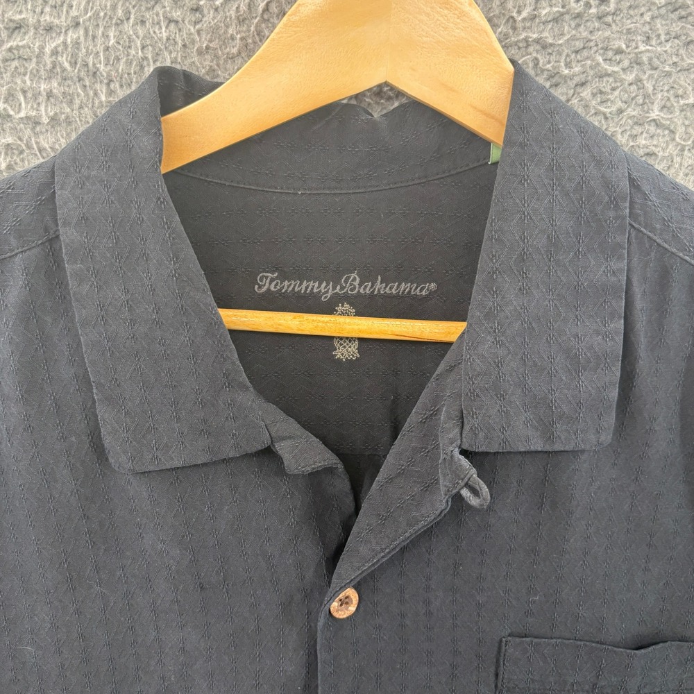Tommy Bahama Shirt Mens L Black Silk Diamond Jacquard Short Sleeve Button Up